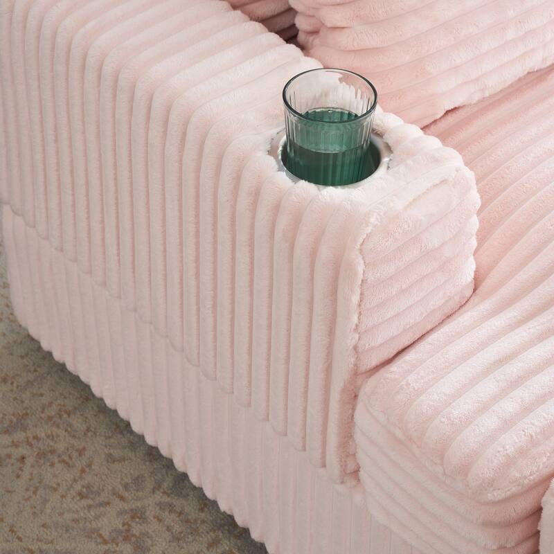 Corduroy Armchair Ottoman Set with Cup Holder, Spring Cushion and 2 Throw Pillows