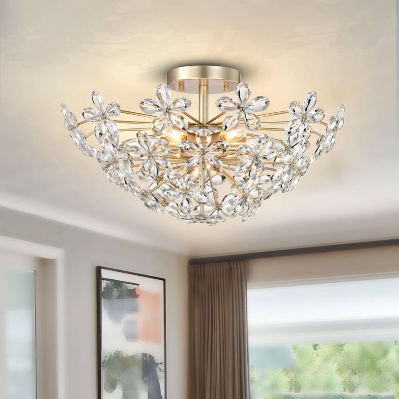 Rosa 6-Light Daisy Flower Crystal Large Size Flush Mount - Brushed Silver-ish Champagne