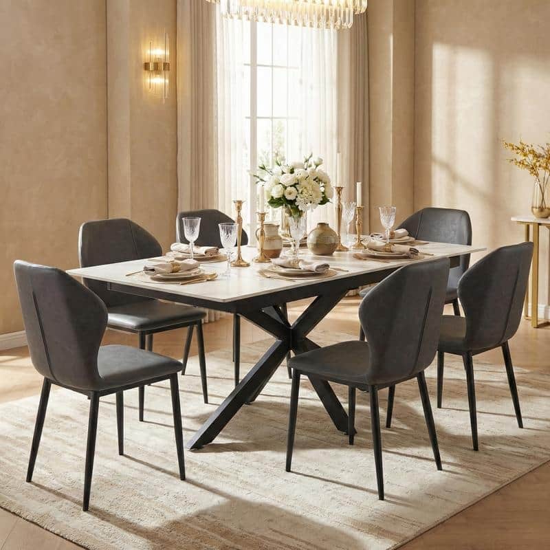 Luvic Extendable Sintered Stone Dining Table - Modern Rectangular Table with Steel Cross-Base