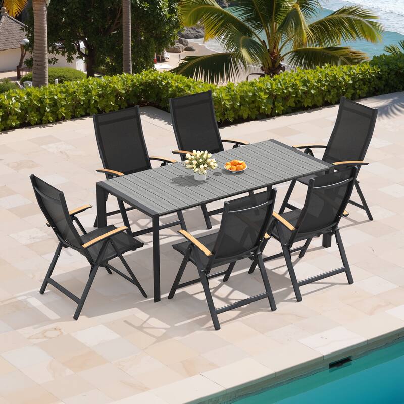 7/9/11-Piece Outdoor Dining Set Patio Aluminum Dining Table and Adjustable Folding Chairs - Dark Grey - Set of 7