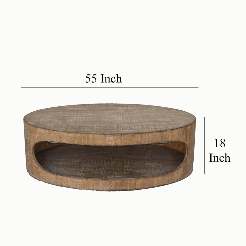 Roki Coffee Table w Shelf, 55 Inch Natural Brown Pine Wood Oval Top