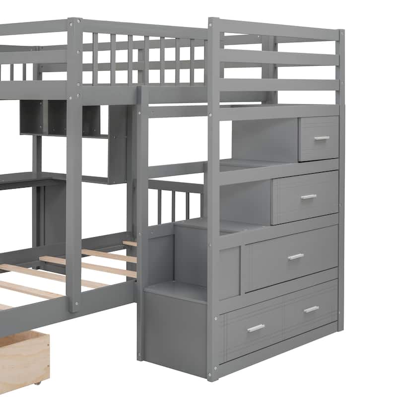 Full Over Twin Bunk Bed with Desk, Multiple Storage Drawers and Bookshelves, Bedroom L-Shaped Wood Platform Bed Frame