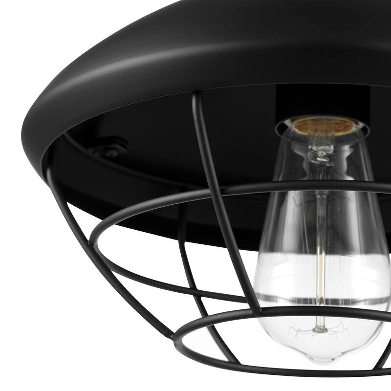 1-Light Outdoor Flush Mount Ceiling Light, Matte Black, Metal Cage Shade, Weather Resistant, Indoor - 10"