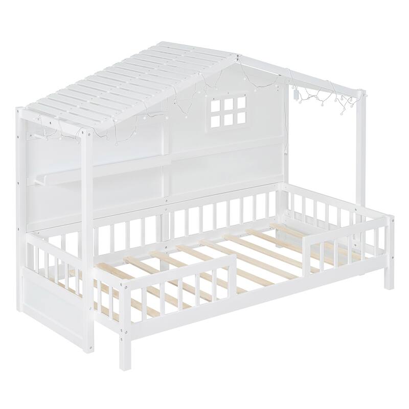 Twin Wood House Bed with Built-in Shelves