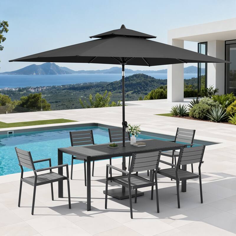 Set of 9 Outdoor Patio Dining Set WoodLike Aluminum Umbrella Hole Table with Stackable Armchairs, Market Umbrella Set - GreyTable&BrownChairs&BlackUmbrella
