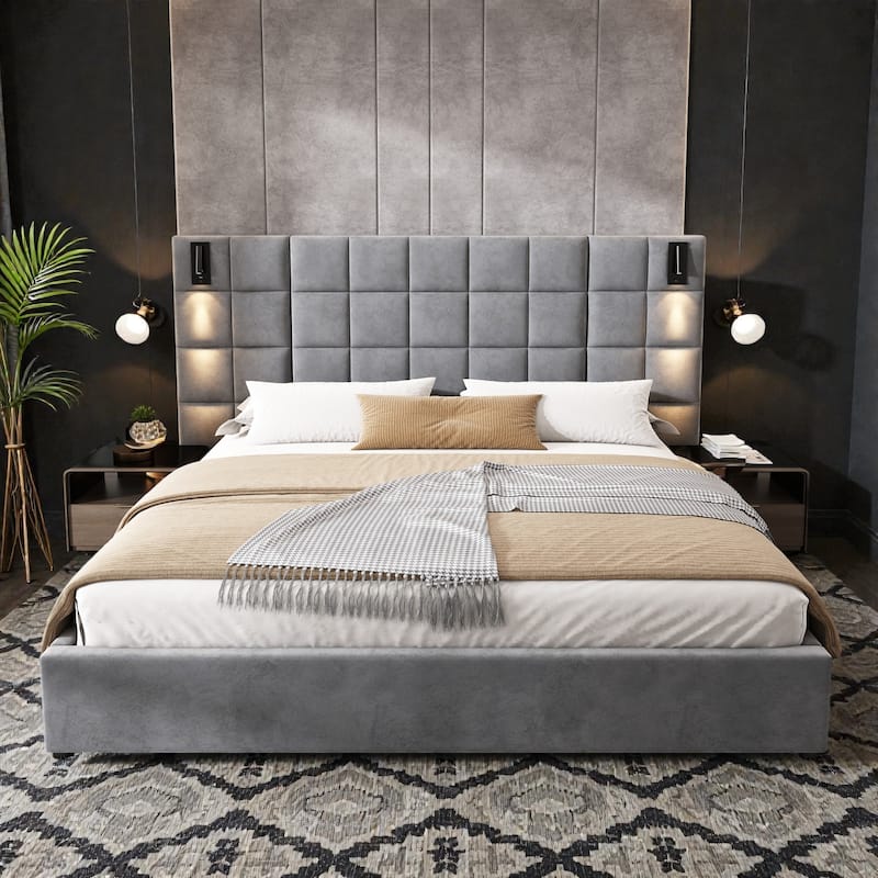 Velvet Upholstered Bed Frame with Wide Headboard, Wall Sconce with USB Port, No Box Spring Needed - Grey - California King