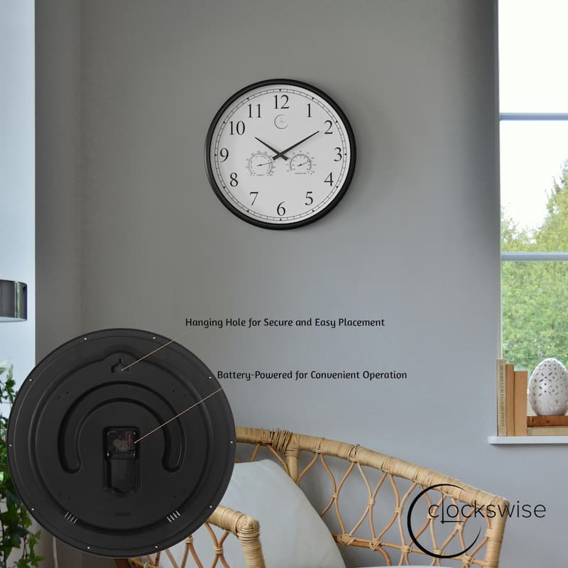 Large Outdoor Wall Clock Thermometer Combo, Waterproof Silent Garden Weather Station Home Indoor Patio Pool Black