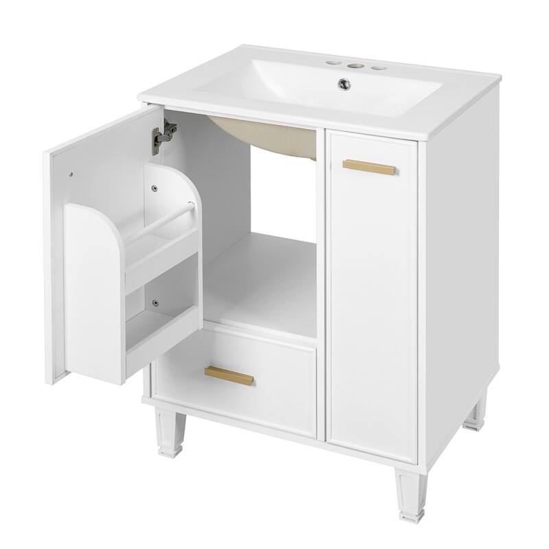 Bathroom Vanity with Ceramic Sink, Freestanding Bathroom Cabinets with Door Shelf, Deep Drawer & 2-Tier Pull-Out Baskets