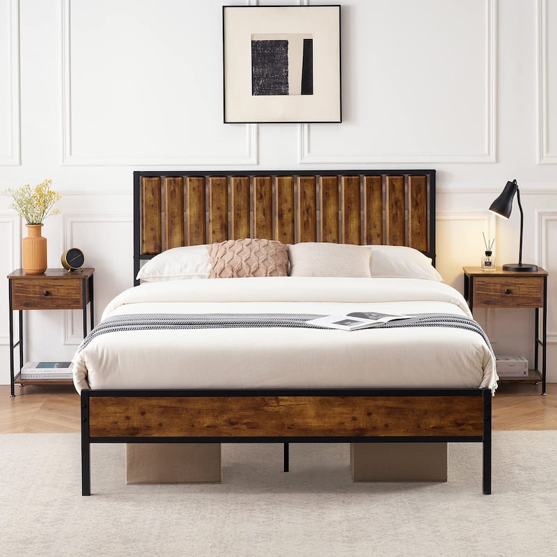 Platform Metal Bed Frame Wood Headboard with 14 Heavy Duty Steel Slats