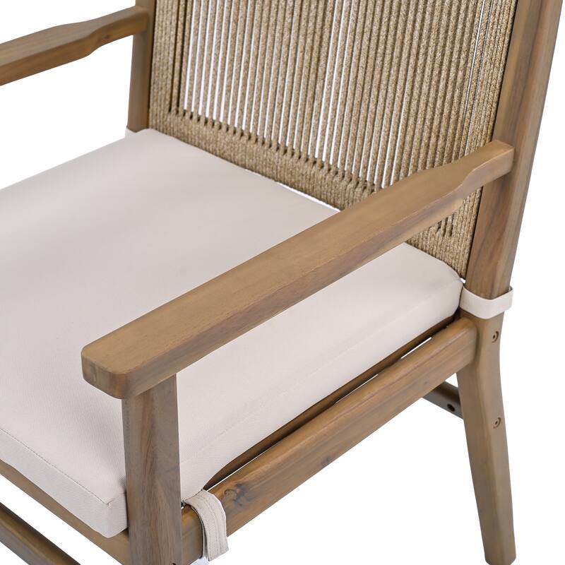 Roomfitters Outdoor Dining Chairs Set of 2, Acacia Wood Armchairs with Rope Back and Cushions, Patio Seating