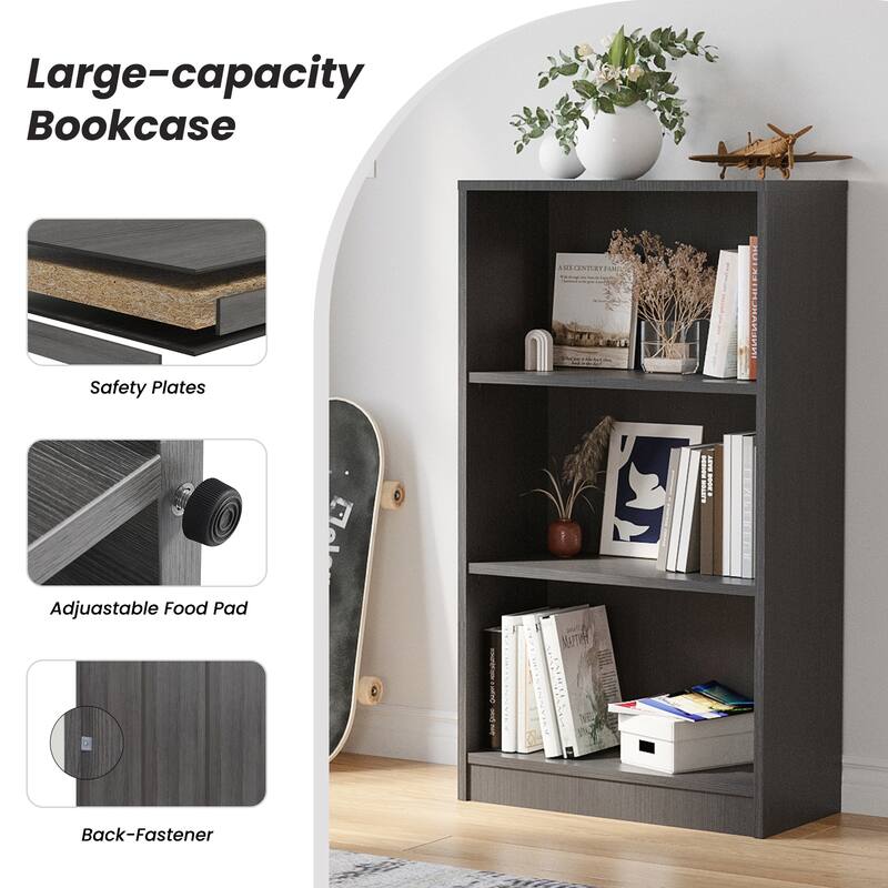 Bookcase Freestanding 3 Shelf Wood Bookshelf Adjustable Shelves for Home Office, 3 Layer