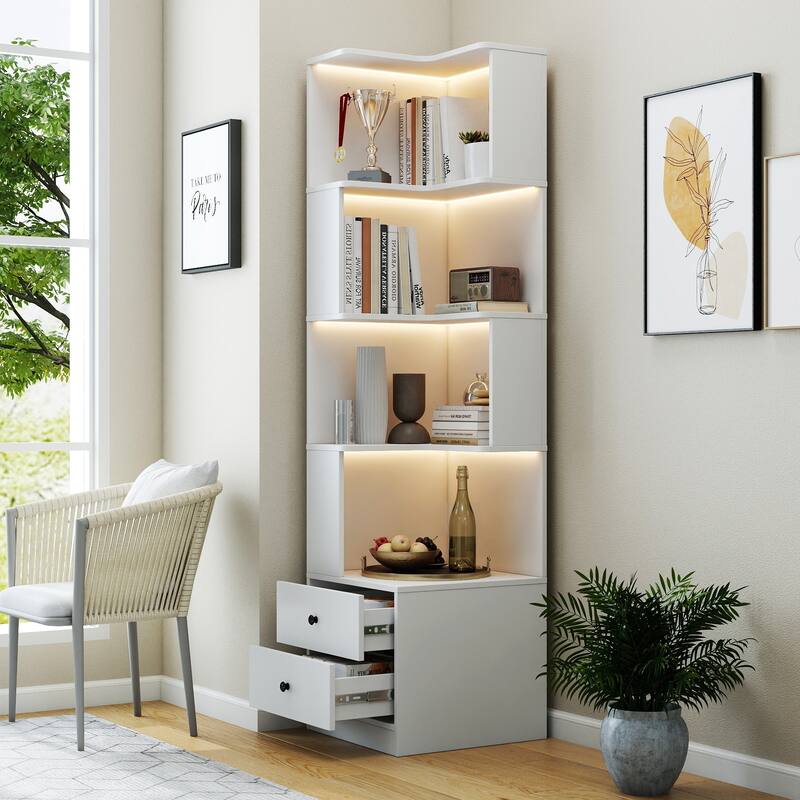 Corner Bookshelf With Drawers,4-Tier Corner Bookcase With Baffle, Freestanding L Shaped Display Shelf Stand With LED Lights