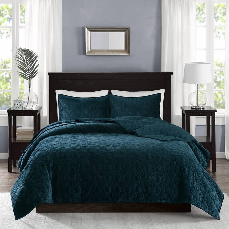 Madison Park Emery 3 Piece Velvet Quilt Set - Teal - King