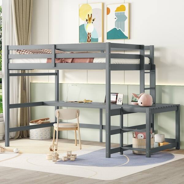 slide 2 of 11, Grey Full Size Wood High Loft Bed with Built-in Desk Grey
