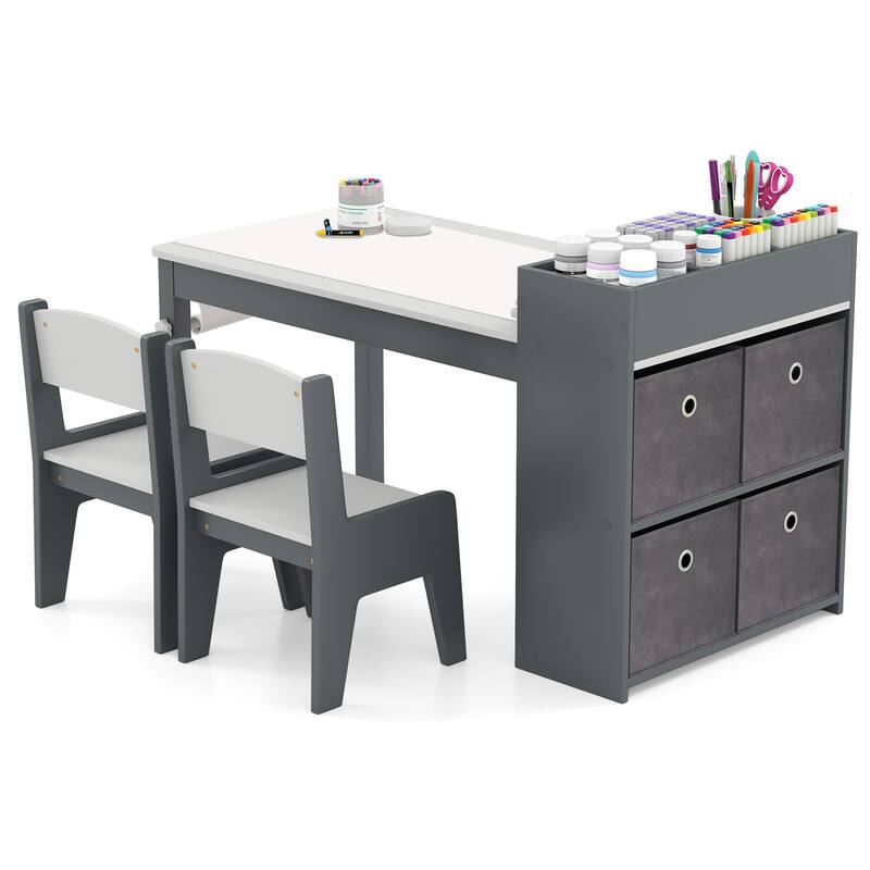 Kids Art Table and 2 Chairs Set with 4 Fabric Storage Bins and 4 Compartments - 39.5" x 20" x 23" (L x W x H)