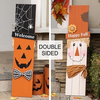 Glitzhome Halloween/Fall Double Sided Scarecrow/Pumpkin Porch Decor