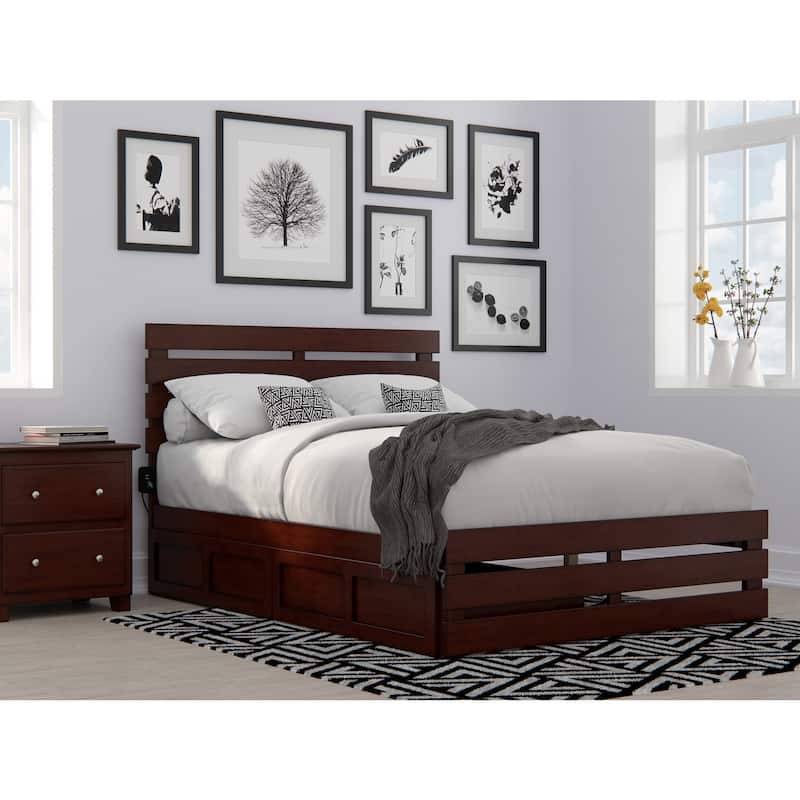 Rustic Romance Full Size Platform Bed with USB Charger & Drawers - Walnut Finish