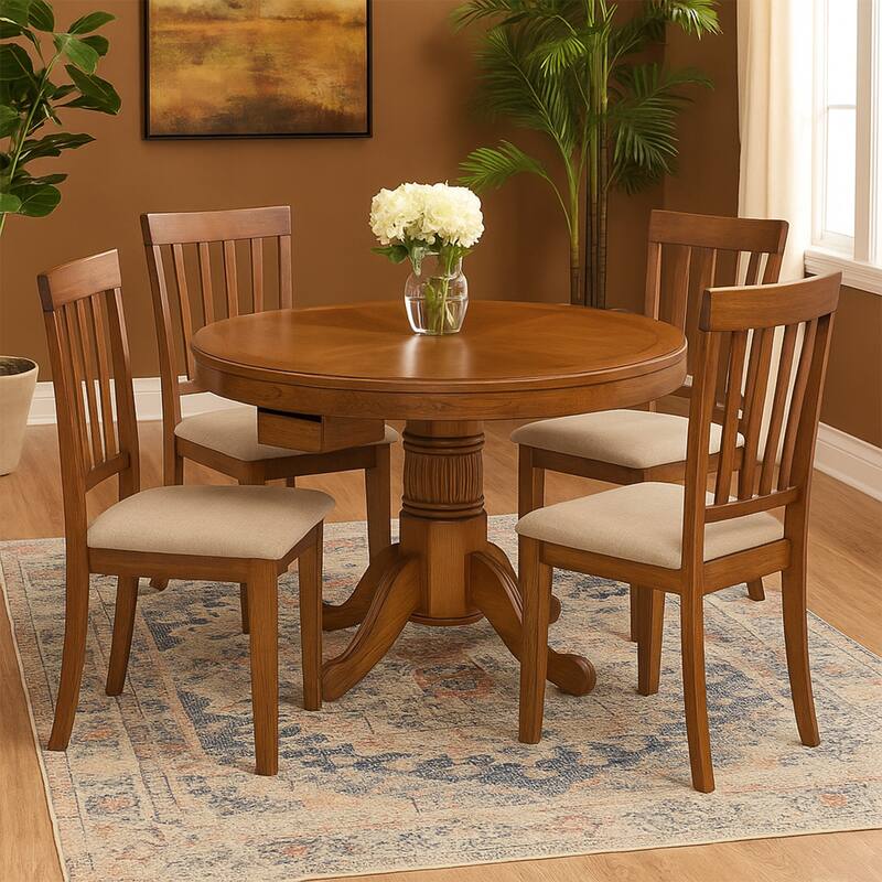 47 Inch Round Poker, Game, Dining Table, Cup Holders, Chip Trays, Oak Brown