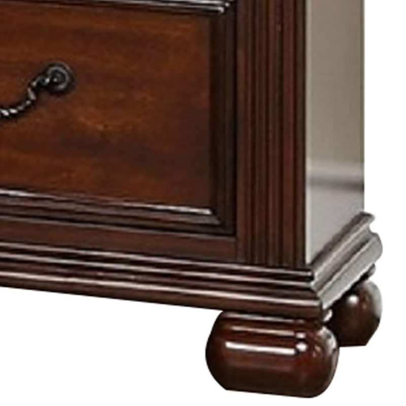 Miri 25 Inch 3 Drawer Nightstand, Brass Carved Accents, Cherry Oak Brown