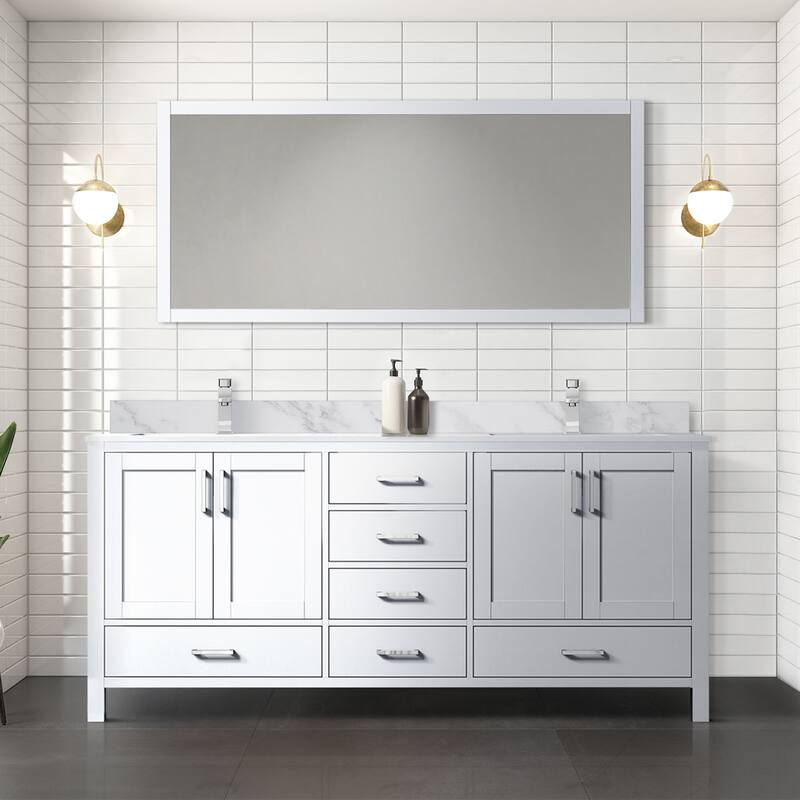 Jacques 72 in. W x 22 in. D Distressed Grey Double Bath Vanity, Carrara Marble Top, Faucet Set, and 70 in. Mirror