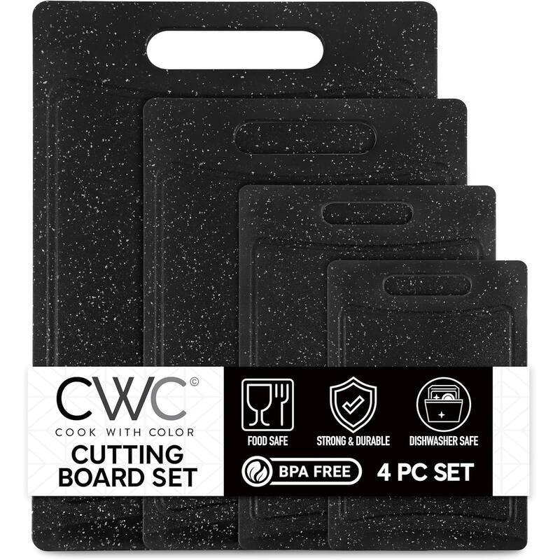 COOK WITH COLOR Non-Slip Cutting Board Set – Kitchen Essentials with Easy Grip Handle, 4 Cutting Boards - 6x9.5 - 12x 17 - Black - 6x9.5 - 12x 17