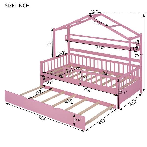 dimension image slide 3 of 7, Wood House Bed Frame, Wooden Platform Daybed with Storage Shelf, for Teens Boys Girls Bedroom Dorm