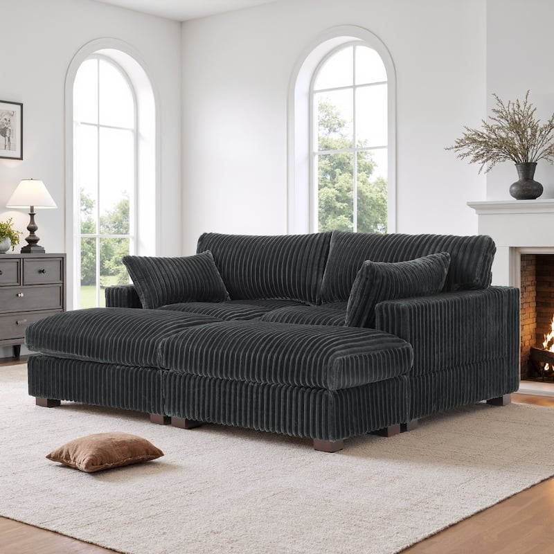 Oversied Plush Corduroy Fabric Modular Sectional Sofa with Chaise, Ottoman - Left Facing - Grey-3 Pieces