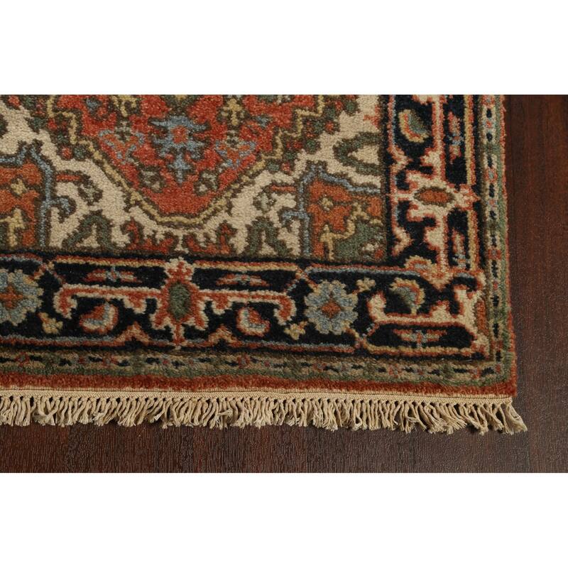 Hand Knotted Oriental 100% Wool Carpet Traditional Geometric Oranges & Rust Indo Heriz Serapi Runner Rug - 11' 11'' X 2' 7''