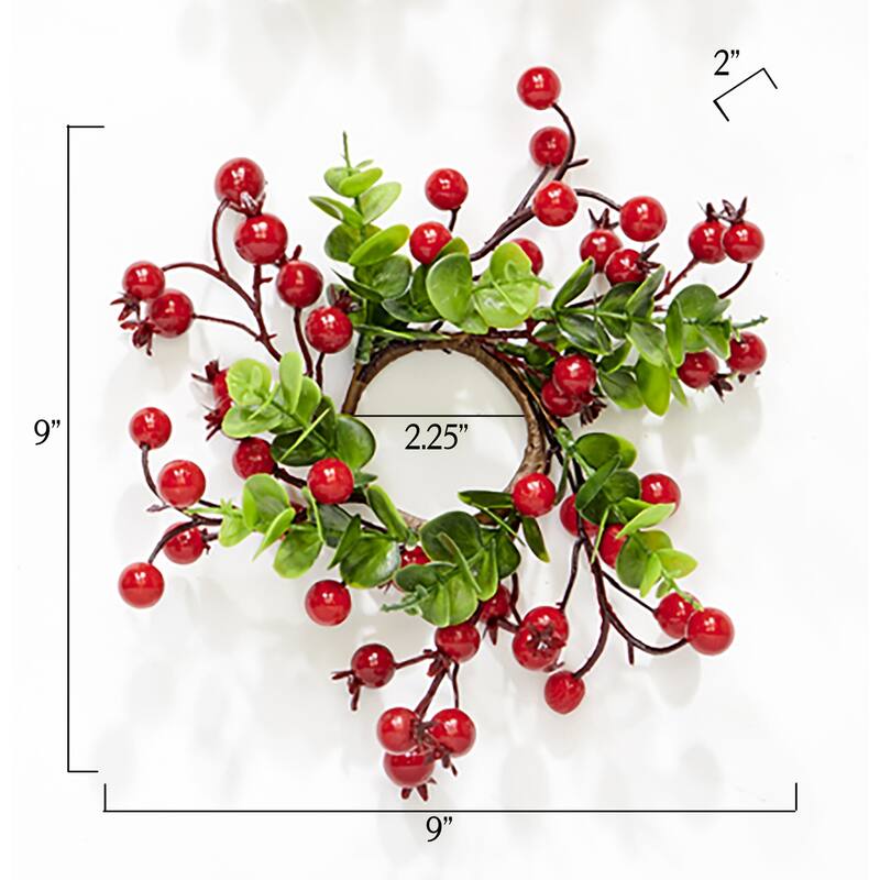 2.25" Inner Diameter Artificial Christmas Red Berries & Eucalyptus Leaves Candle Ring, Set of 6 - 2.25