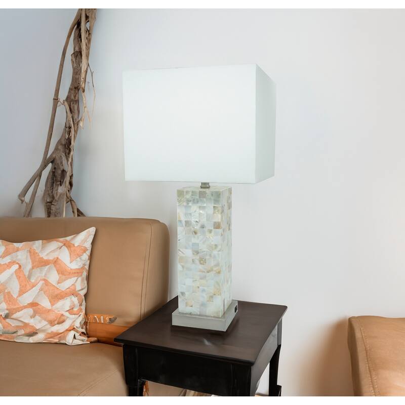 Modern White Chrome-finished Base Mosaic Pattern 2pc Table Lamp Soft Diffused Light White Shade - Chrome
