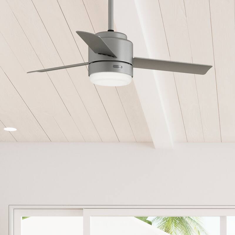 Hunter 44" Gilmour Outdoor Ceiling Fan with LED Light, Handheld Remote, Damp-Rated - Transitional, Contemporary - Matte Silver