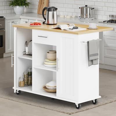 2-Door Kitchen Island with Drawer & Drop Leaf - Mobile Storage Cart on Lockable Wheels for Kitchen, Dining Room, Bar