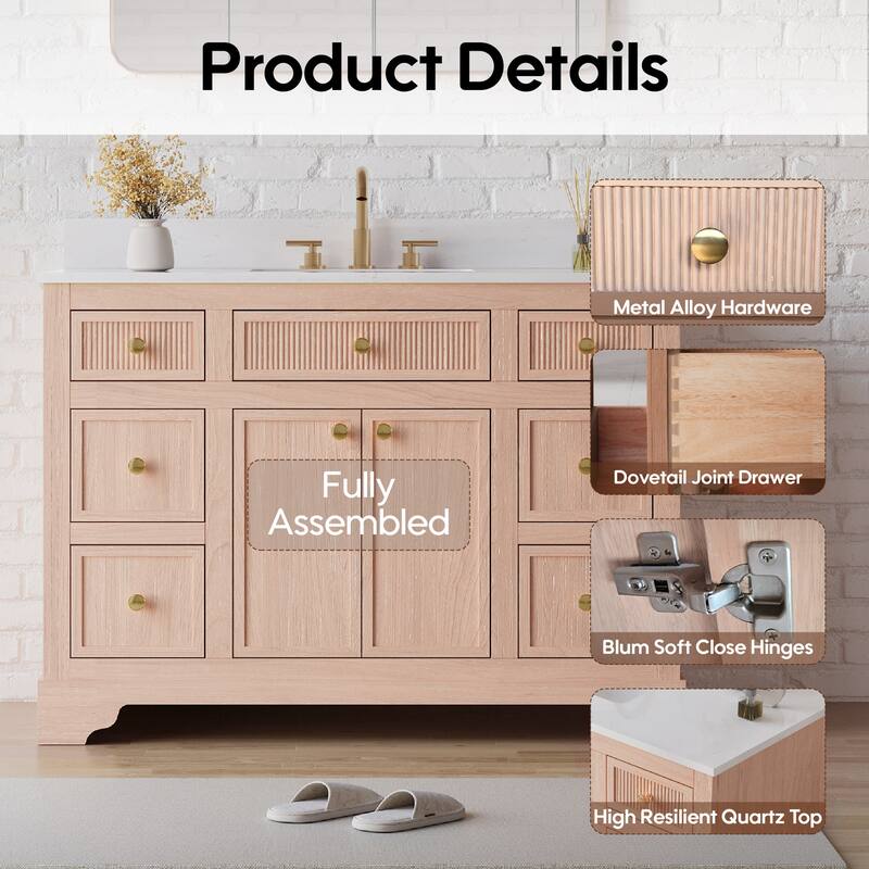 35''H Bath Solid Wood Vanity with Stain-resistant Carrera White Quartz Top And Single Sink