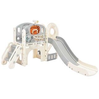 Freestanding Castle Climbing Playset with Slide, Tunnel, Ring Toss, and Basketball Hoop - Toy Storage Organizer for Kids