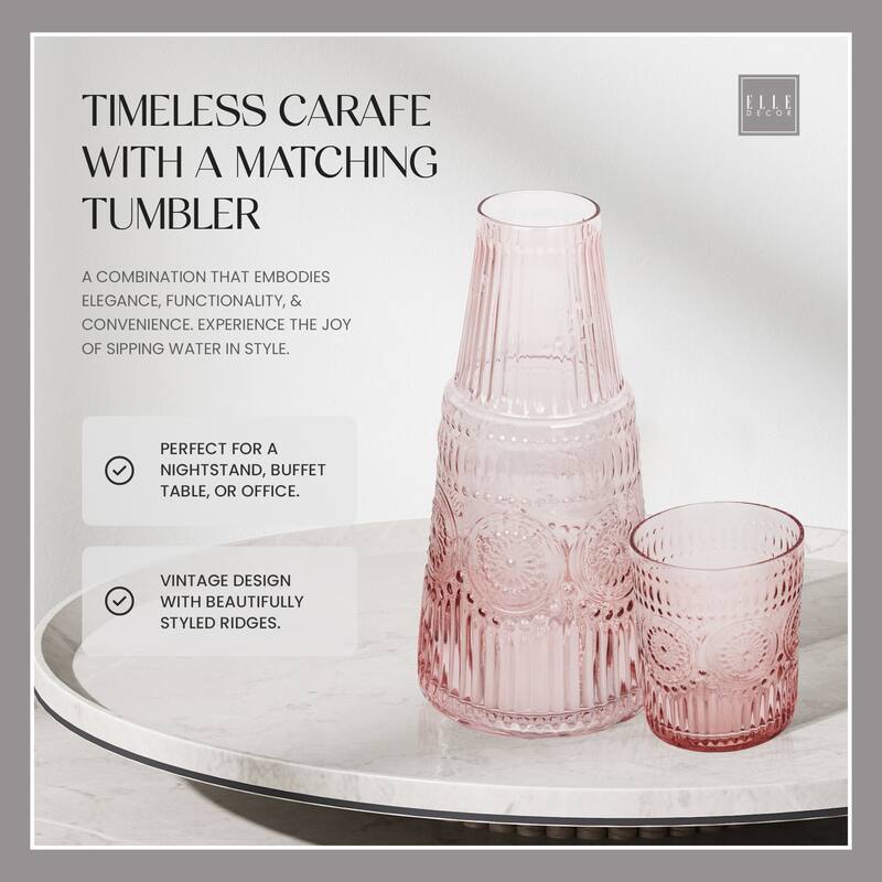 Elle Decor Bedside Water Carafe with Tumbler Set Pitcher - 33 oz