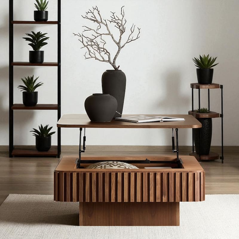 35.43" Modern Handcrafted Drum Coffee Table with Lift-Top and Hidden Storage, Square Wooden Accent Table