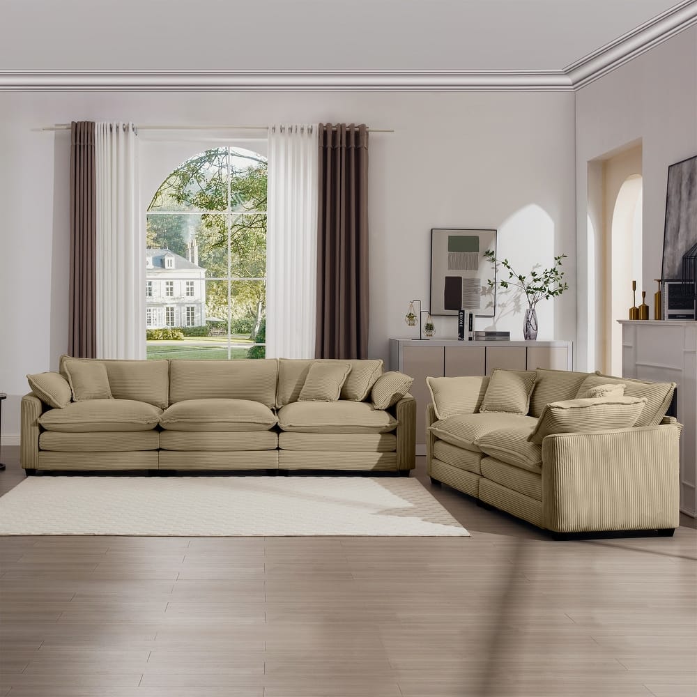 Corduroy Fabric Deep Seat Sofas Set with Throw Pillows, 3+2 Seater Flexible Combinations Sofa with Removable Armrests