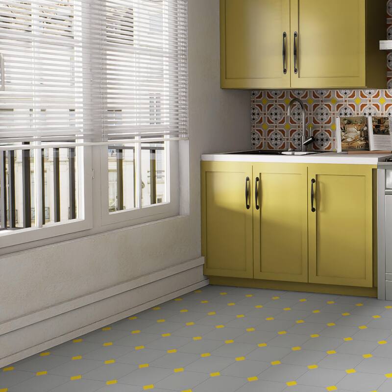Merola Tile Vaudeville Octagon Humo with Taco Lima 7-7/8" x 7-7/8" Porcelain Floor and Wall Tile - Case (50 Tiles)