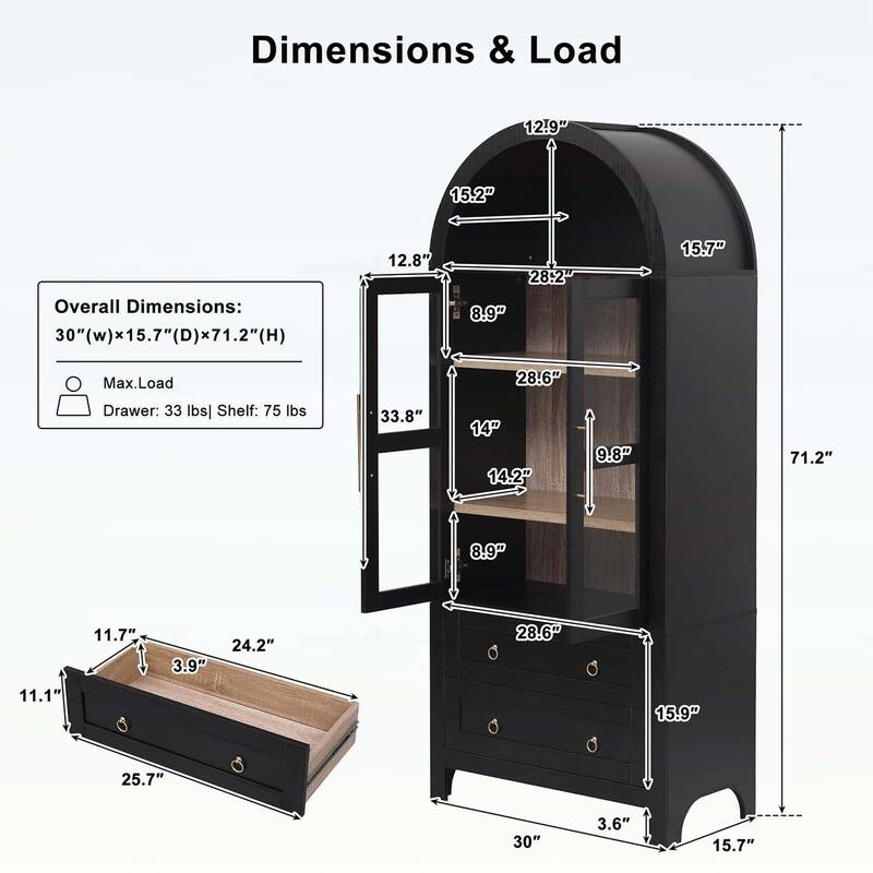 71 Inch Tall Cabinet with 2 Large Drawers,Adjustable Shelves,and Glass Doors for Modern Farmhouse Storage