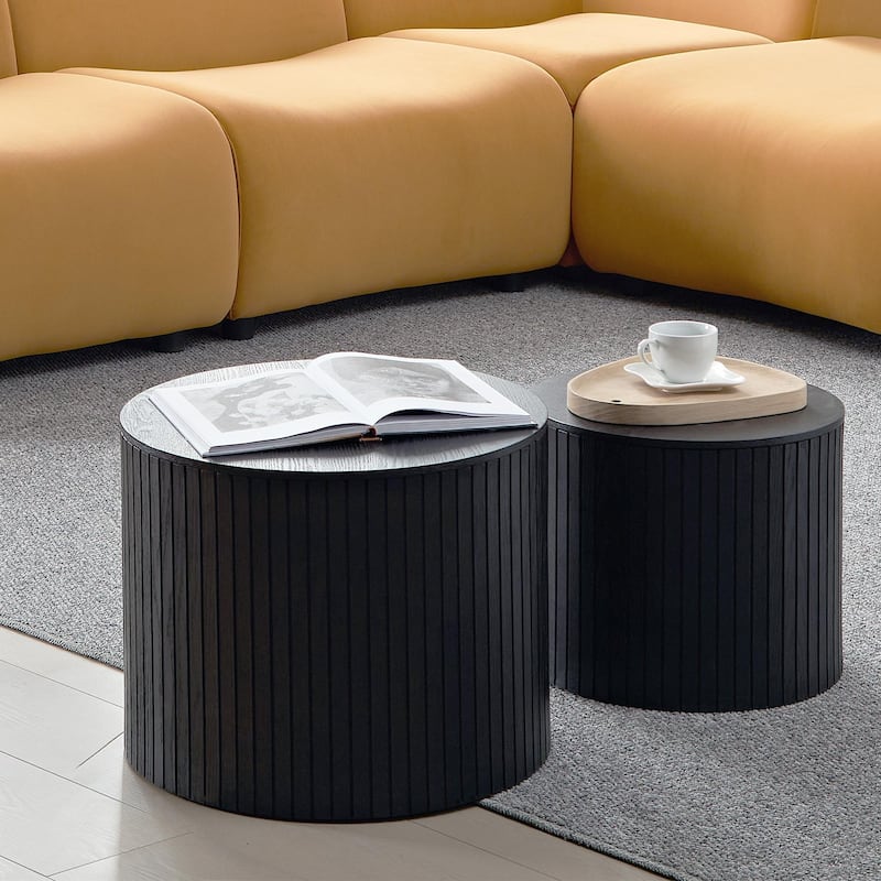 Set of 2 Round Nesting Tables, Vertical Stripe Coffee Table Sets with Hidden Storage and Disassembled Tabletop