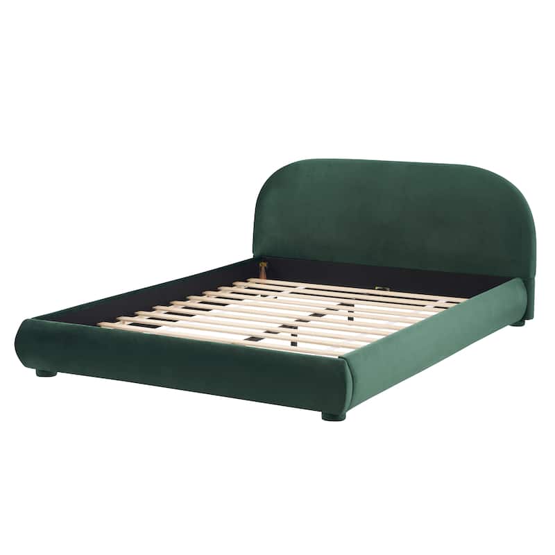 Dark Green Velvet Queen Bed - Luxurious Texture, Curved Headboard, High Load Capacity, Easy Assembly