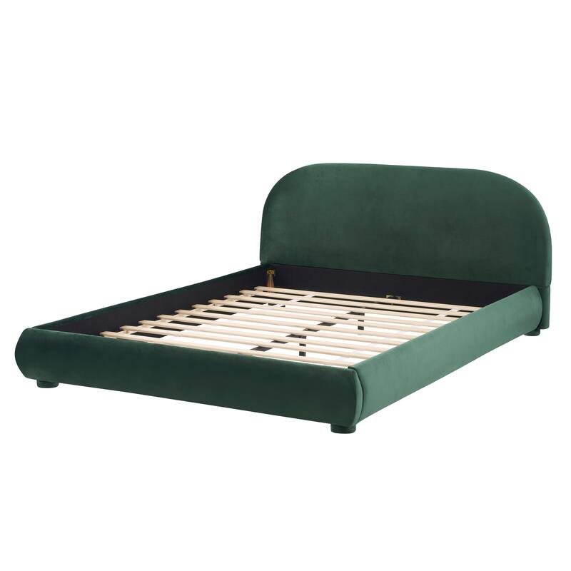 Queen / King Fabric Upholstered Bed with Curved Aesthetic Headboard - Green - Queen