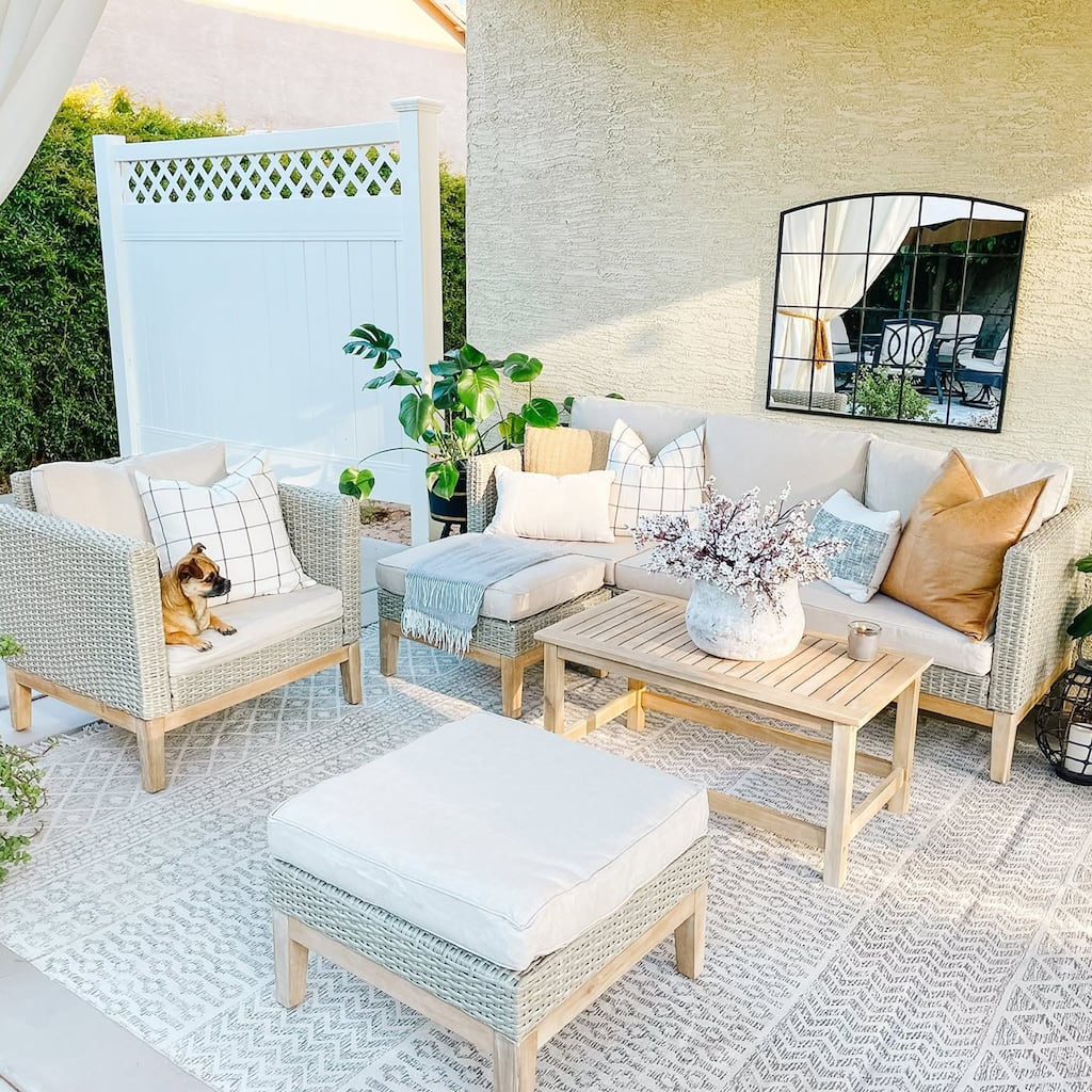 MAISON ARTS 5-Piece Outdoor Rattan & Acacia Wood Sectional Sofa Set, Patio Wicker Conversation Set with Coffee Table
