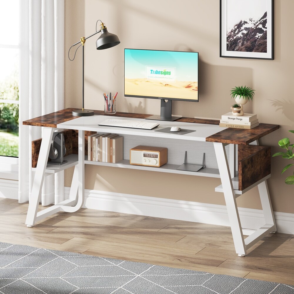 55 Inch Computer Desk, Rustic Office Desk with Lockable Casters, Classic  Simple Writing Study Table for Home Office - Bed Bath & Beyond - 33519927