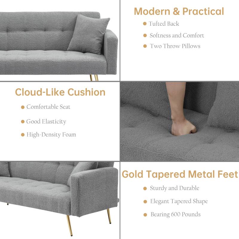71" Modern Teddy Velvet Sofa Bed Folding Couch with Two Throw Pillows for Living Room