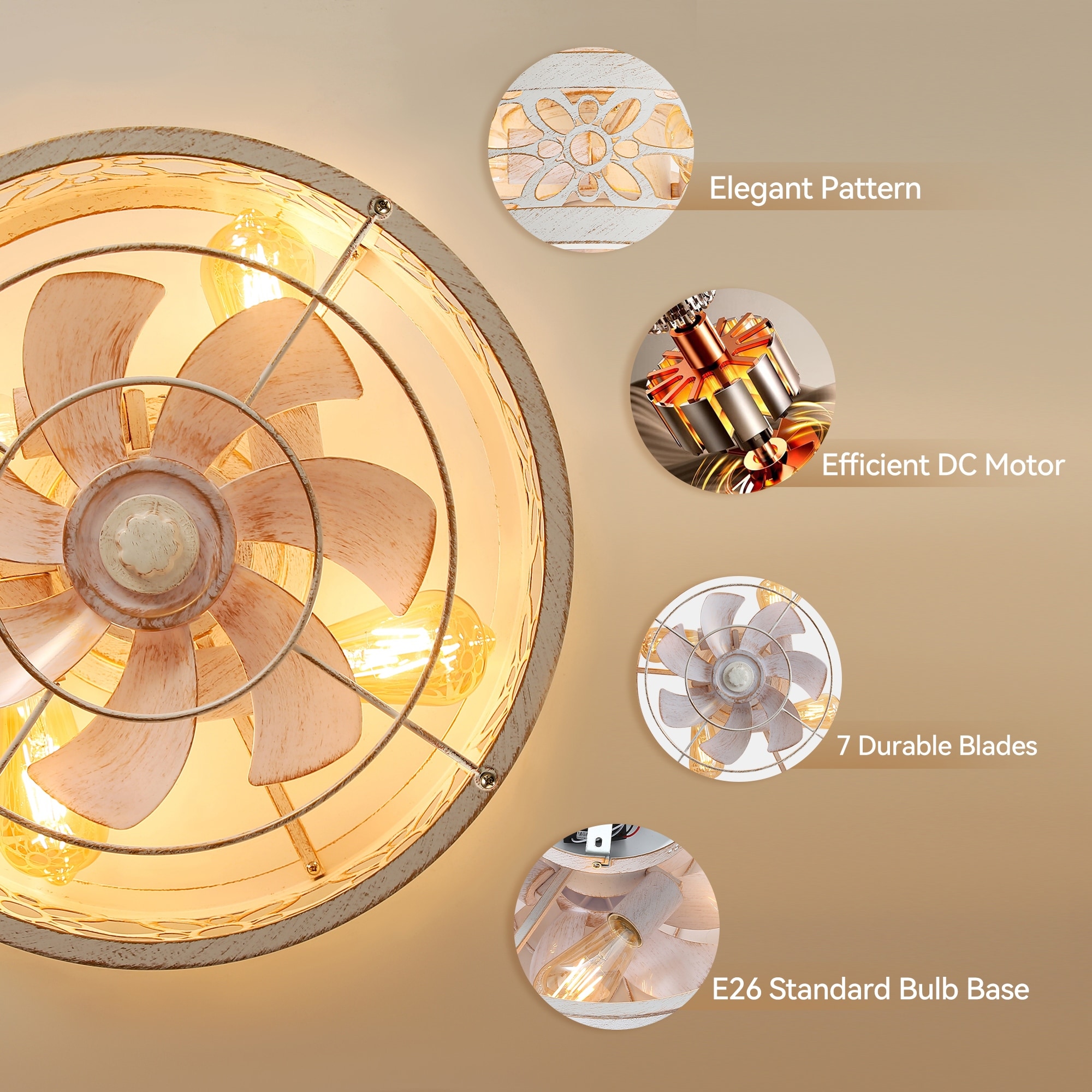 ひ　0710 16.5 Inch 7-Blade Vintage Distressed White Enclosed Ceiling