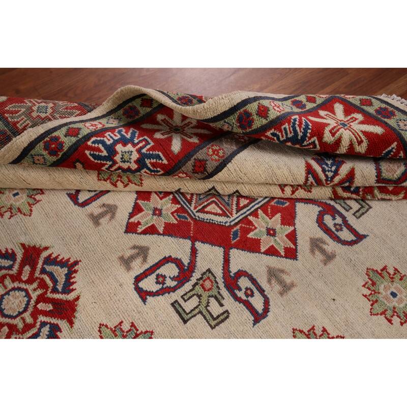 Beige / Ivory Geometric Kazak Rug Hand-Knotted Wool Carpet - 5'2" x 6'9"