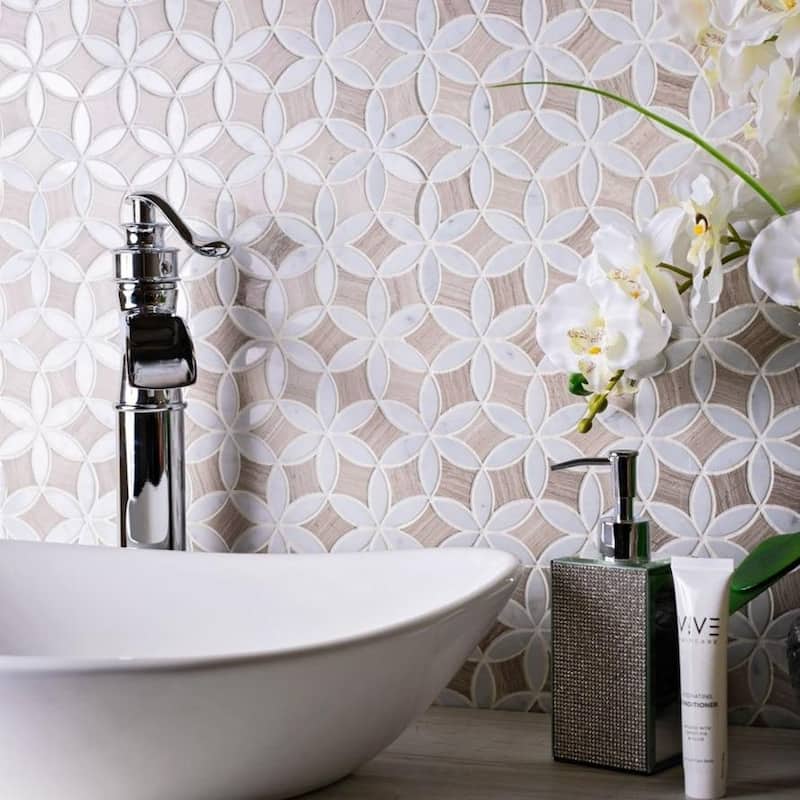 Apollo tile 12 x 15 Polished Beige Wooden Grey, Bianco Carrara Marble Tile (6.18 sq ft/case) - 5 Pack
