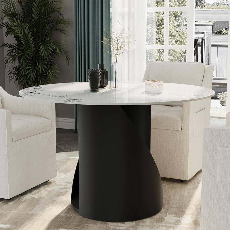 White Round Sintered Stone Dining Table with Matte Black Sandblasted Texture Base
