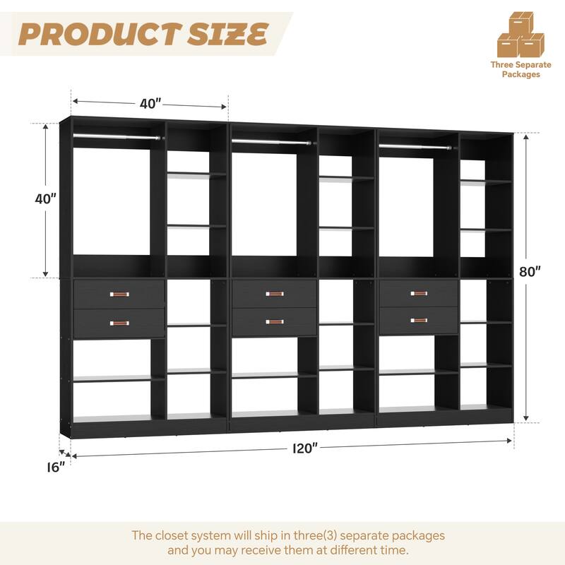 40'' Large Closet System with 10 Shelves and 2 Drawers, Freestanding Closet Organizer with Hanging Rods